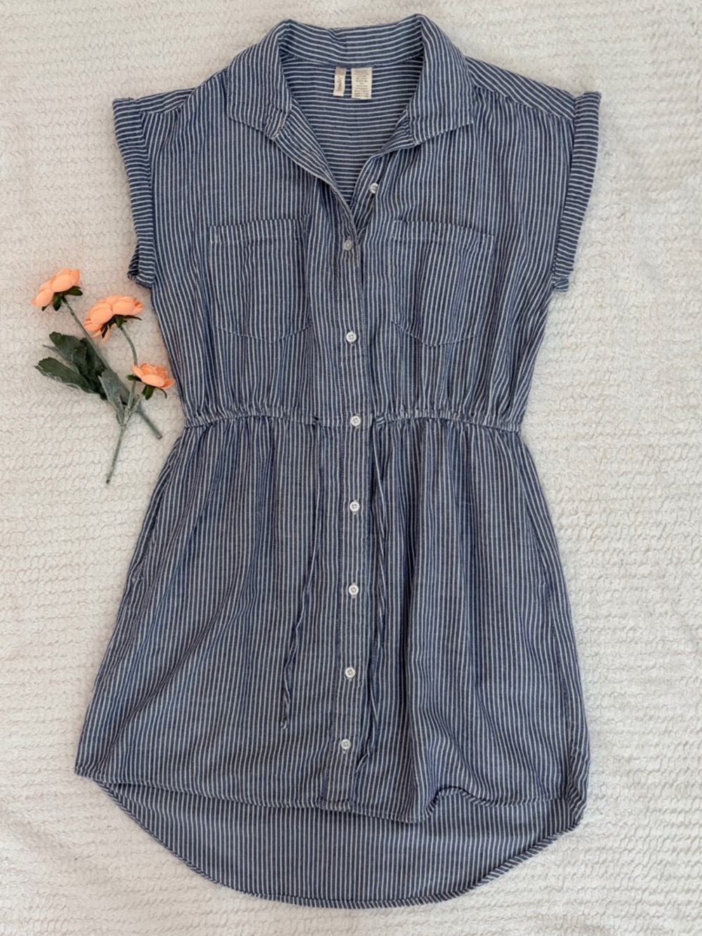 Japna Blue White Striped Button Front Shirt Dress Tie Waist Small Casual Tunic